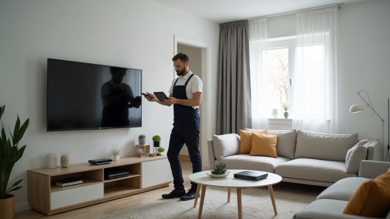 Tekniker som hjälper till med en TV-installation i hemmet